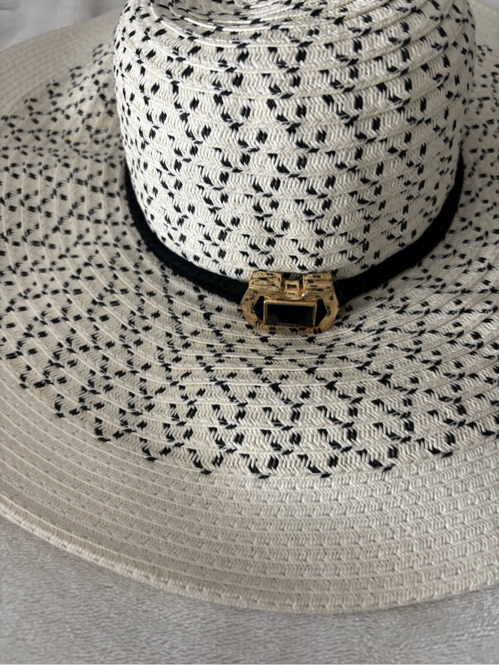 Vince Camuto White Straw Hat with Black Pattern and Gold Accent